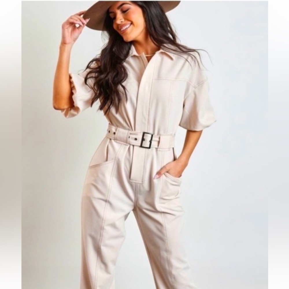 Kittenish Cream Utility Jumpsuit